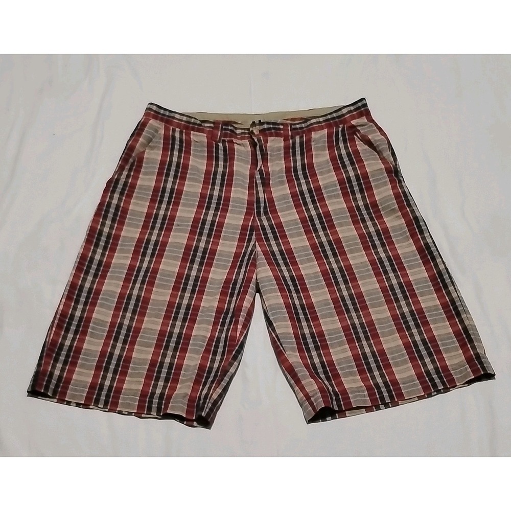 Vintage Makaveli Branded Plaid Cotton Chino Shorts  Embroidered MB Logo Red Blue